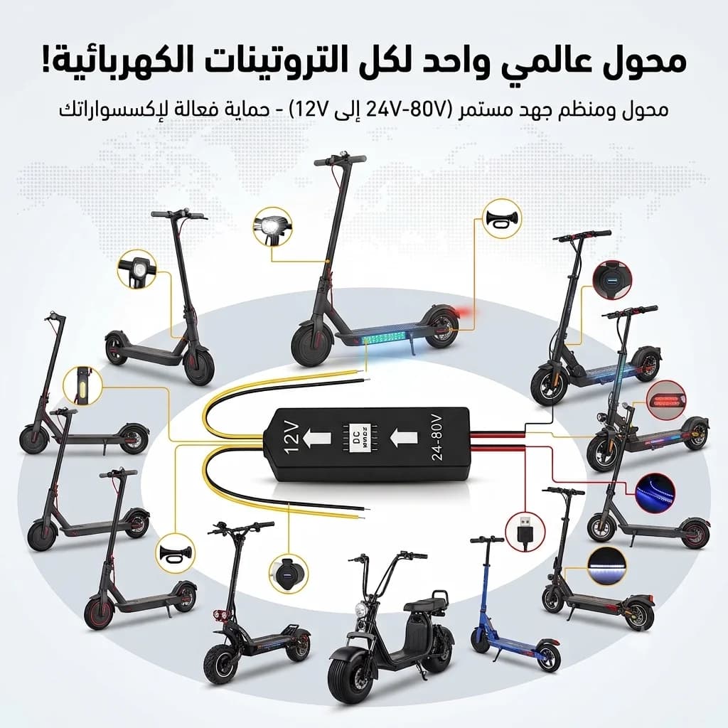 محول ومنظم جهد مستمر (DC 24V-80V إلى 12V) للتروتينات والسكوترات الكهربائية – متوافق مع جميع الأنواع