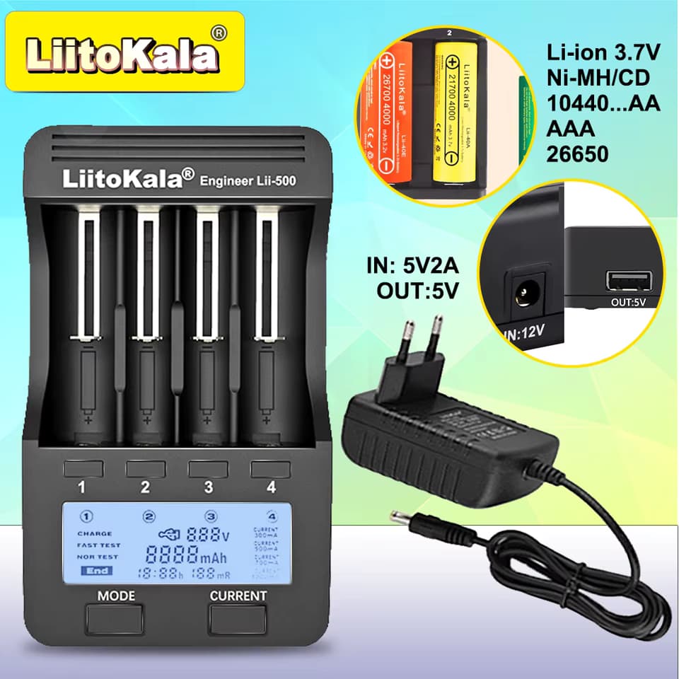 شاحن بطاريات ذكي ومقياس سعة LiitoKala Lii-500 - شاشة LCD ومنافذ مستقلة (18650 / 26650 / AA / AAA / Li-ion / Ni-MH)